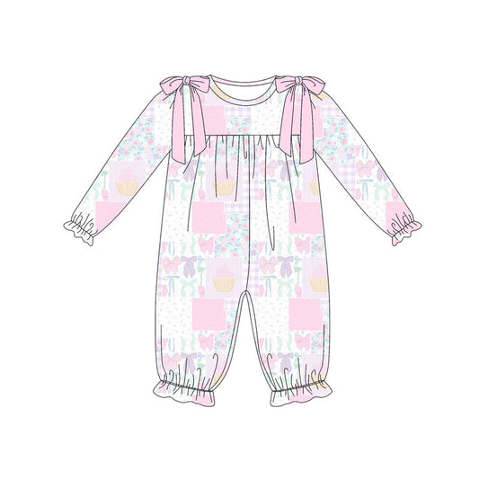 Preorder(moq 8)Baby Girls Pink Flowers Bows Checked Ruffle Footie Rompers