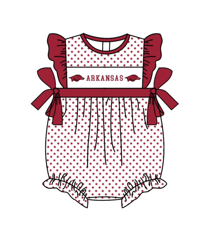 Preorder (moq 5)Baby Girls Flutter Sleeve Arkansas Polka Dots Team Ruffle Rompers