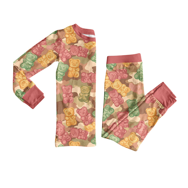 Preorder (moq 5)Baby Girls Camo Print Bear Candy Top Pant Pajamas Set