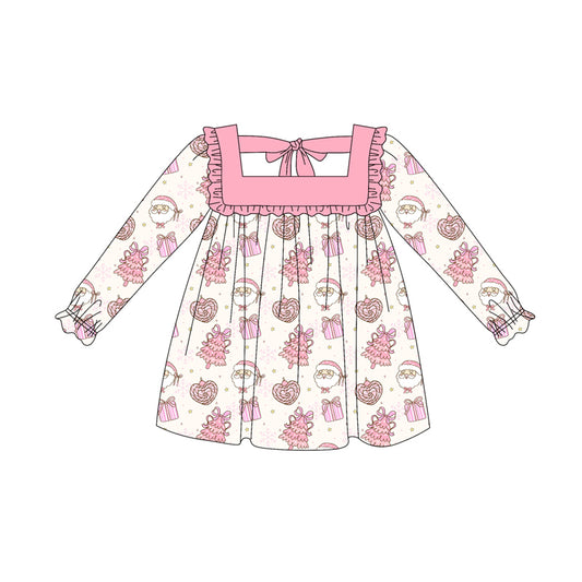 Preorder (moq 5)Baby Girls Long Ruffle Sleeves Santa Trees Knee Length Dresses
