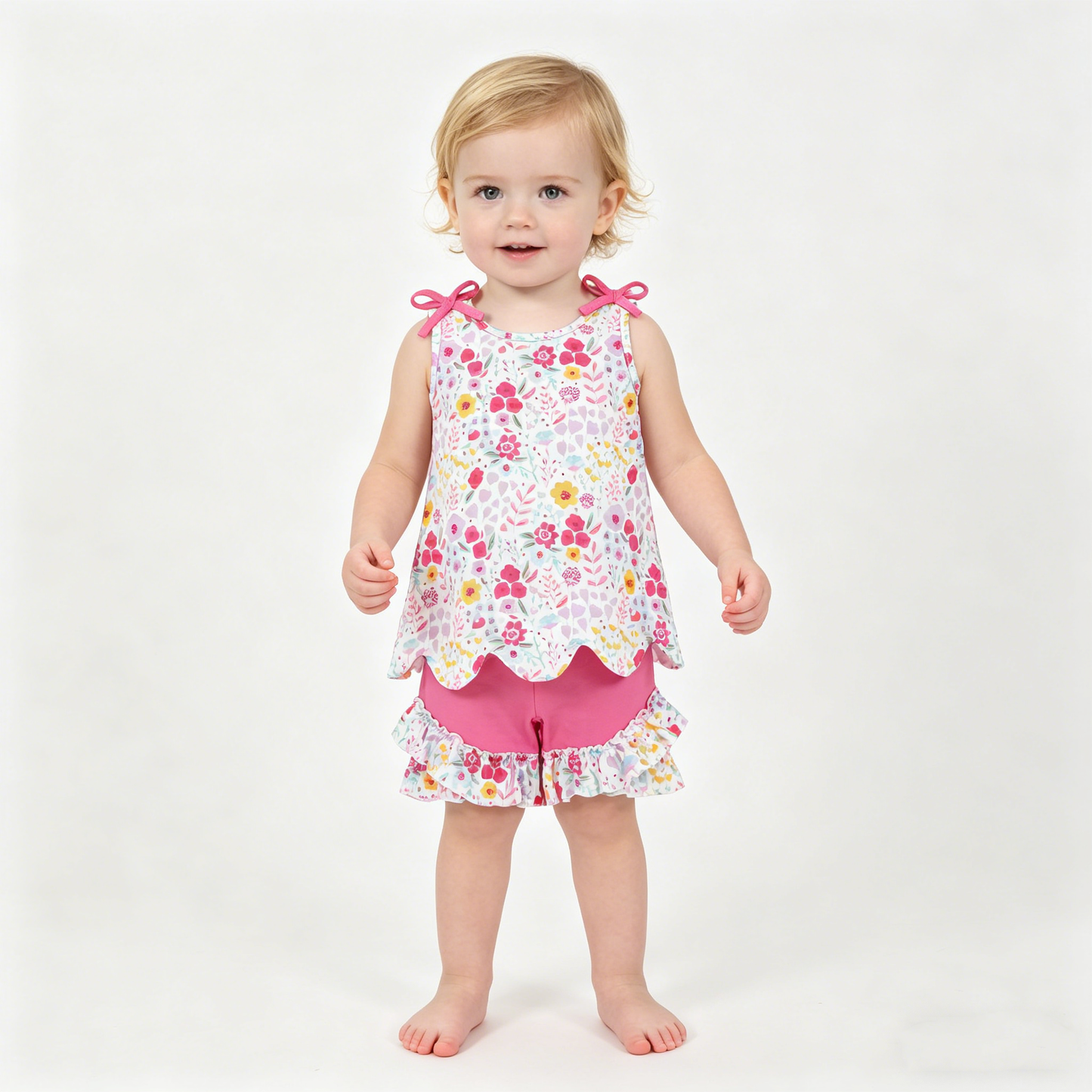 Baby Girls Sleeveless Colorful Flowers Tunic Ruffle Shorts Clothes Set