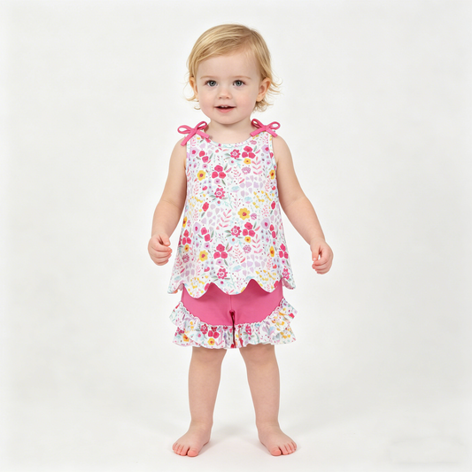 Baby Girls Sleeveless Colorful Flowers Tunic Ruffle Shorts Clothes Set