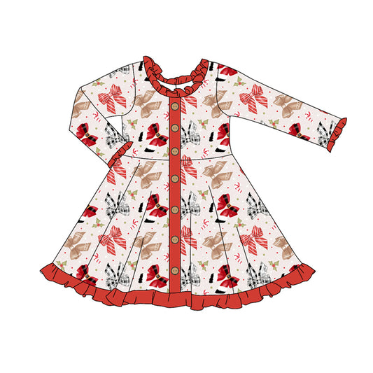 Preorder (moq 5)Baby Girls Long Sleeves Colorful Bows Button Ruffle Knee Length Dresses