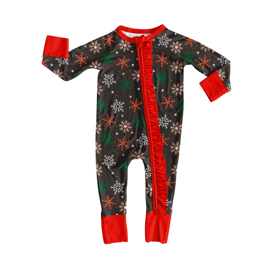 Preorder (moq 20)Baby Girls Bamboo Colorful Snowflake Stars Christmas Ruffle Zippy Footie Rompers