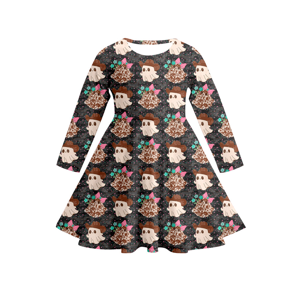 Preorder (moq 5)Baby Girls Long Sleeves Leopard Ghosts Hats Plaid Knee Length Dresses