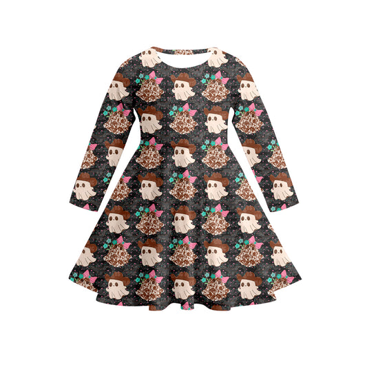 Preorder (moq 5)Baby Girls Long Sleeves Leopard Ghosts Hats Plaid Knee Length Dresses