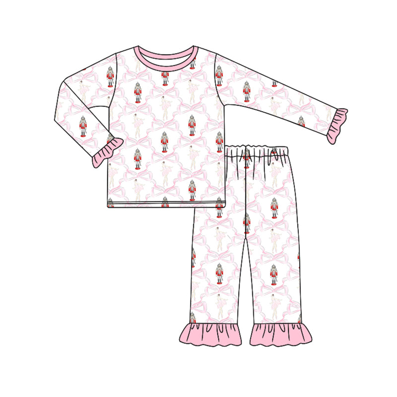 Preorder (moq 5)Baby Girls Long Sleeves Pink Bows Soldier Plaid Top Pant Pajamas Set