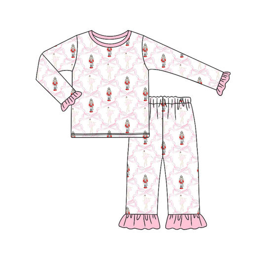 Preorder (moq 5)Baby Girls Long Sleeves Pink Bows Soldier Plaid Top Pant Pajamas Set