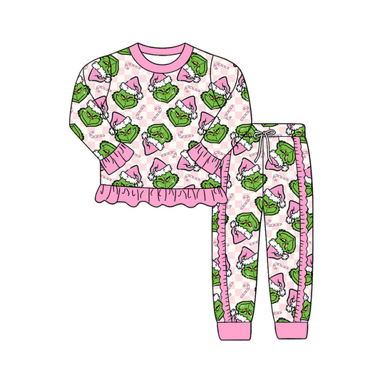 Preorder (moq 5)Baby Girls Green Frogs Candy Cane Ruffle Top Jogger Christmas Clothes Set