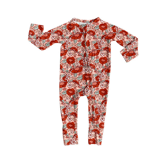 Preorder (moq 8)Baby Girls Red Flowers Checked Valentine Zipper Footie Rompers