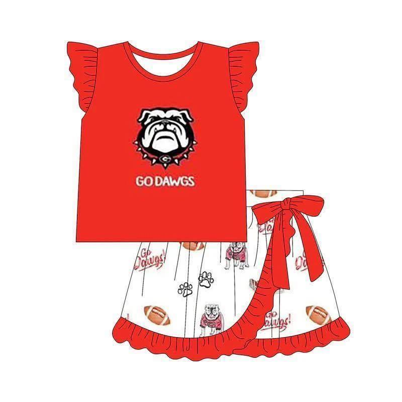 Preorder (moq 5)Baby Girls Red Godawgs Shirt Top Footballs Skirt Short Team Clothes Set