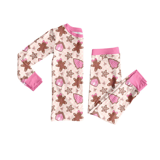 Preorder (moq 5)Baby Girls Long Sleeves Pink Gingerbread Trees Top Pant Pajamas Clothes Set