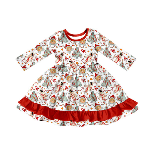 Preorder (moq 5)Baby Girls Long Sleeves Candy Cane Bows Trees Ruffle Knee Length Dresses