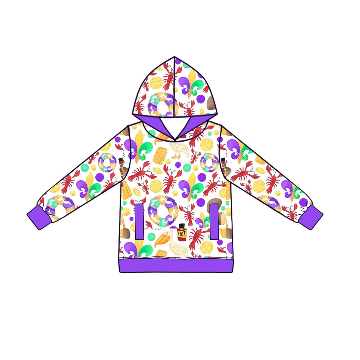 Preorder (moq 5) Baby Boy Clothes Mardi Gras Crawfish Seafood Print Long Sleeve Hoodie