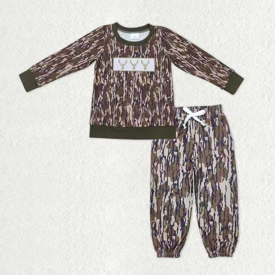 Baby Boys Olive Camo Embroidery Deer Shirt Pockets Jogger Pants Hunting Clothes Sets