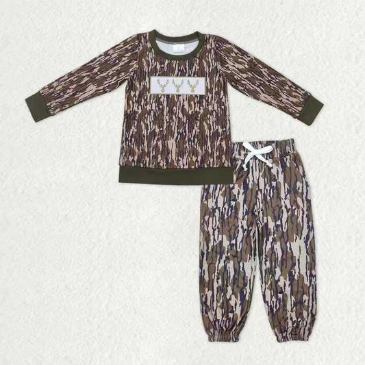 Baby Boys Olive Camo Embroidery Deer Shirt Pockets Jogger Pants Hunting Clothes Sets