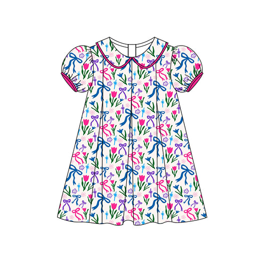 Preorder (moq 5)Baby Girls Short Ruffle Sleeves Colorful Bows Flowers Knee Length Dress