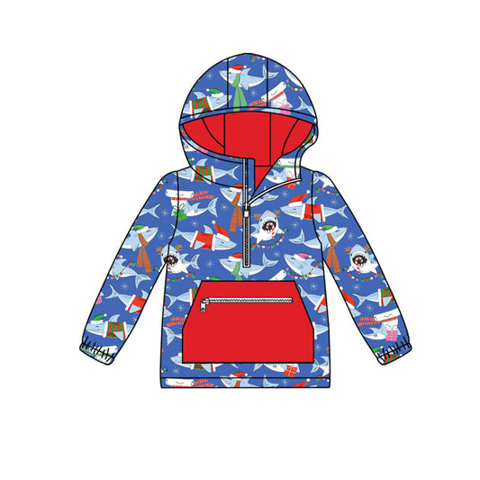Preorder(moq 8)Baby Boys Hats Sharks Zipper Pockets Christmas Hoodies Top