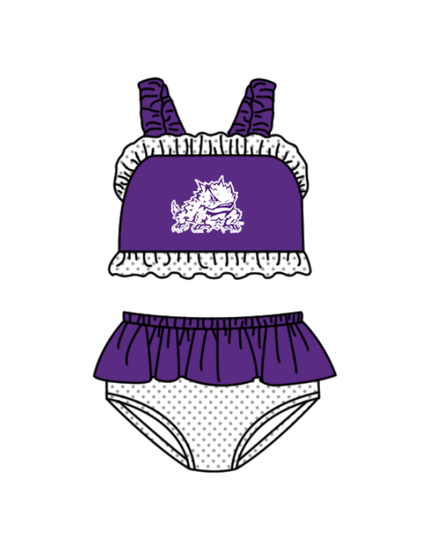Preorder moq 5 Baby Girls Strap Purple Frogs Vest Top Bummies Short Team Swimsuits