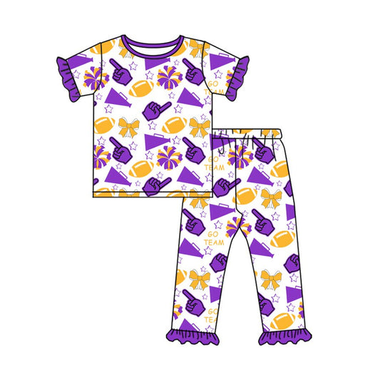 Preorder(moq 8)Baby Girls Gold Purple Bows Footballs Top Ruffle Pants Team Pajamas Sets