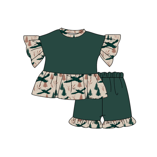 Preorder (moq 5)Baby Girls Green Short Ruffle Sleeves Ducks Trees Tunic Short Sets Preorder