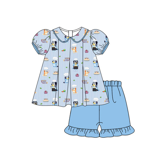 Preorder (moq 5)Baby Girls Blue Short Ruffle Sleeves Cartoon Dogs Tunic Ruffle Short Set