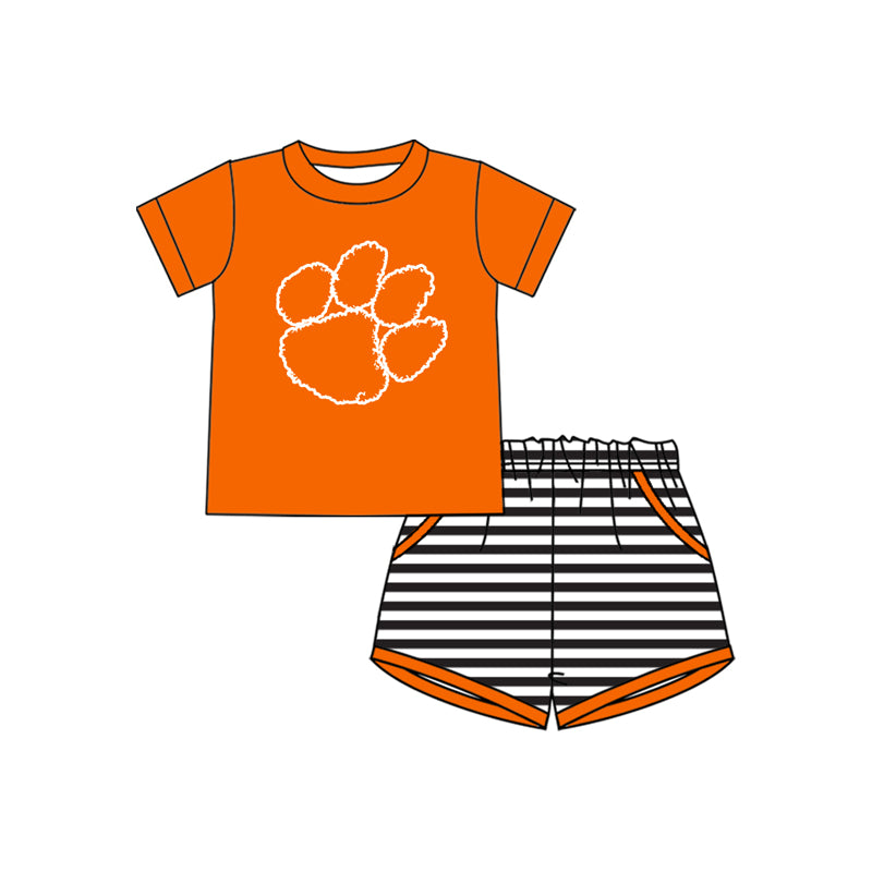 Preorder (moq 5)Baby Boys Orange Pawl Top Stripe Pockets Shorts Team Clothes Set