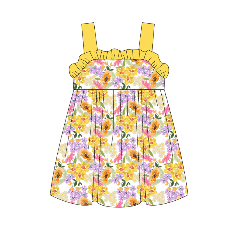 Preorder (moq 5)Baby Girls Yellow Strap Watercolor Floral Knee Length Dress