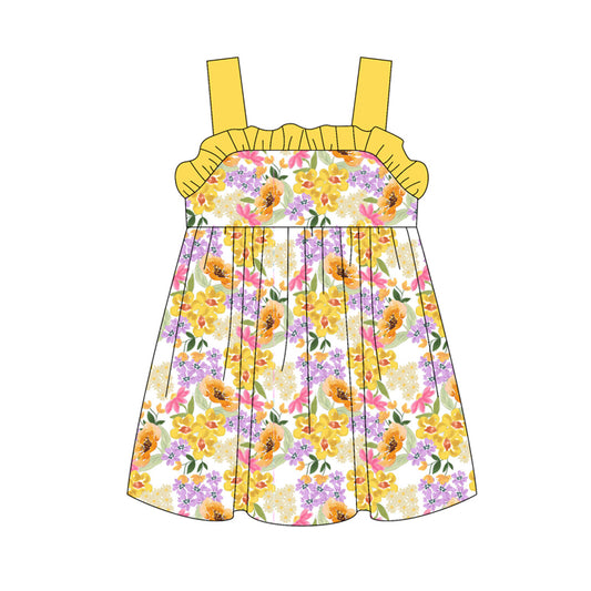 Preorder (moq 5)Baby Girls Yellow Strap Watercolor Floral Knee Length Dress