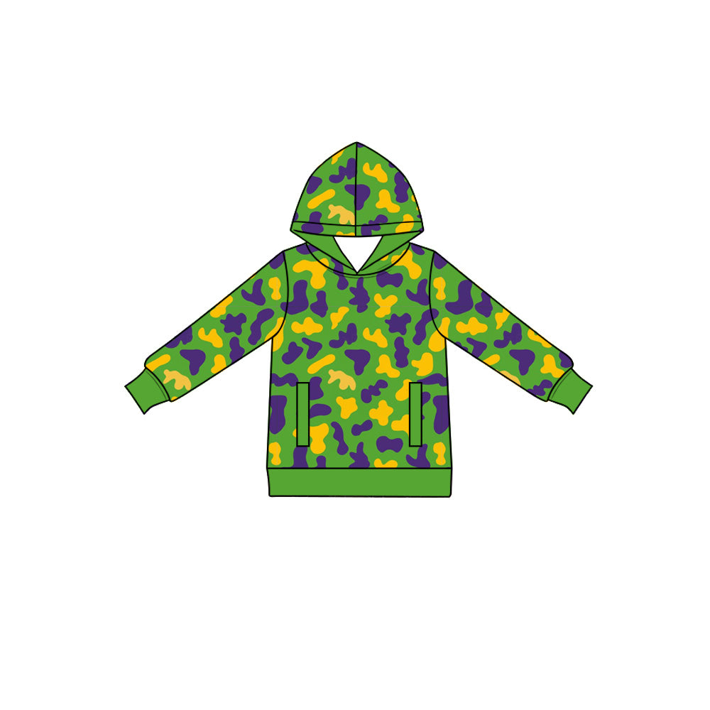 Preorder (moq 5) Baby Boys Long Sleeve Mardigras Camo Pockets Hoodies Top