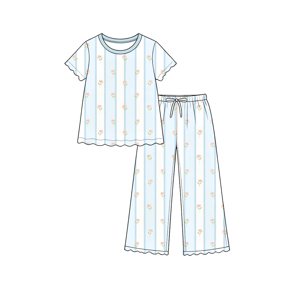Preorder (moq 5) Baby Girl Clothes Blue Stripe Tiny Flower Mixed Print Short Sleeve Scallop Pajama Pant Set