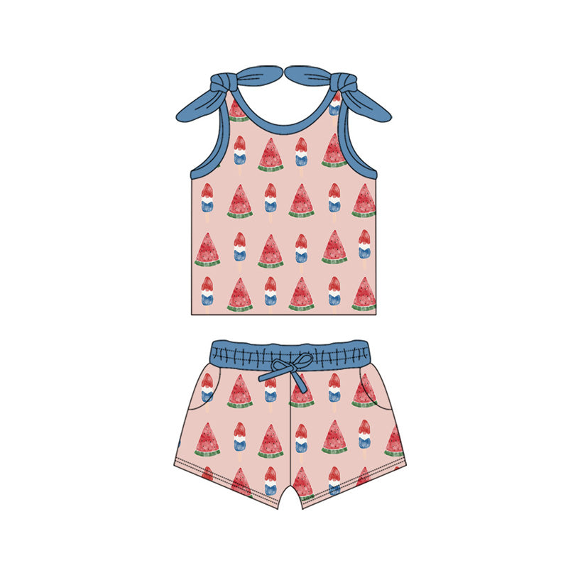 Preorder moq 5 Baby Girls Sleeveless Popsicle Top Pockets Short 4th of July Clothes Sets
