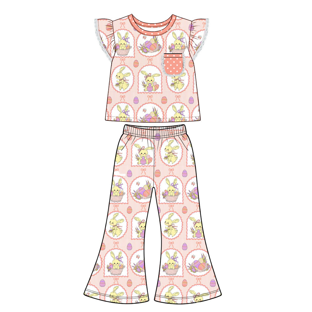 Preorder (moq 5) Baby Girl Clothes Easter Bunny Basket Frame Print Flutter Sleeve Flare Pant Set