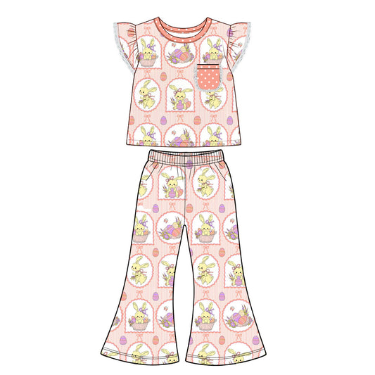 Preorder (moq 5) Baby Girl Clothes Easter Bunny Basket Frame Print Flutter Sleeve Flare Pant Set