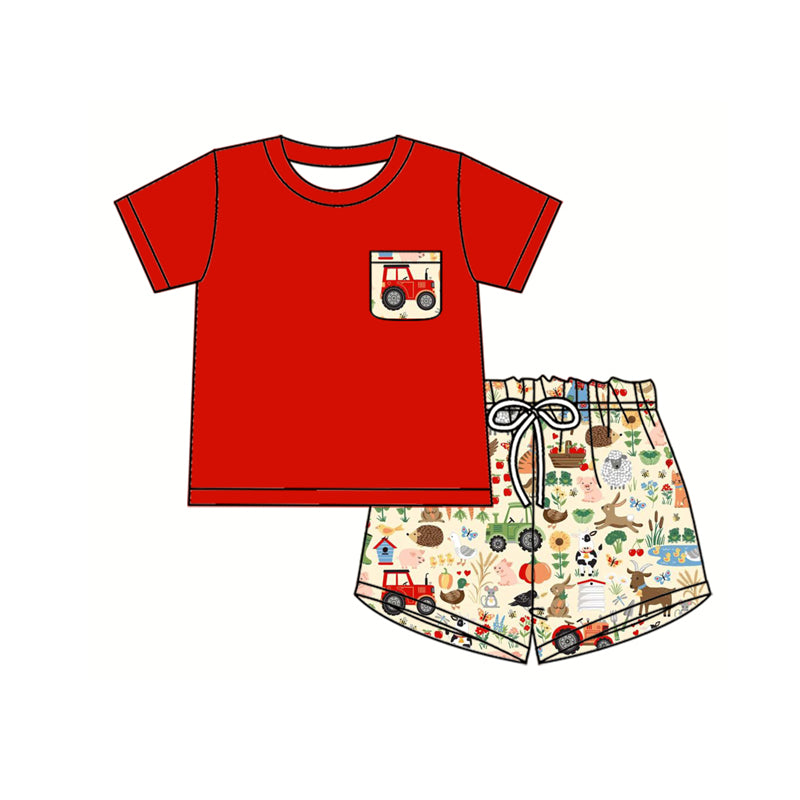 Preorder (moq 5)Baby Boys Red Short Sleeves Pocket Top Cows Rabbits Short Farm Clothes Sets