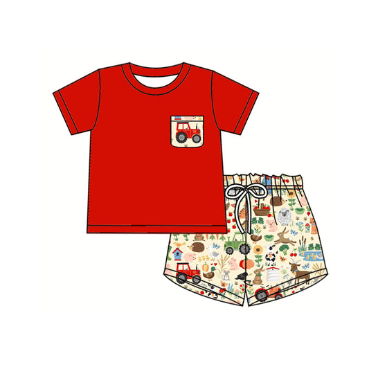 Preorder (moq 5)Baby Boys Red Short Sleeves Pocket Top Cows Rabbits Short Farm Clothes Sets