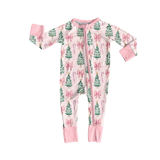 Preorder (moq 5)Baby Girls Long Sleeves Pink Bows Trees Candy Cane Zipper Rompers