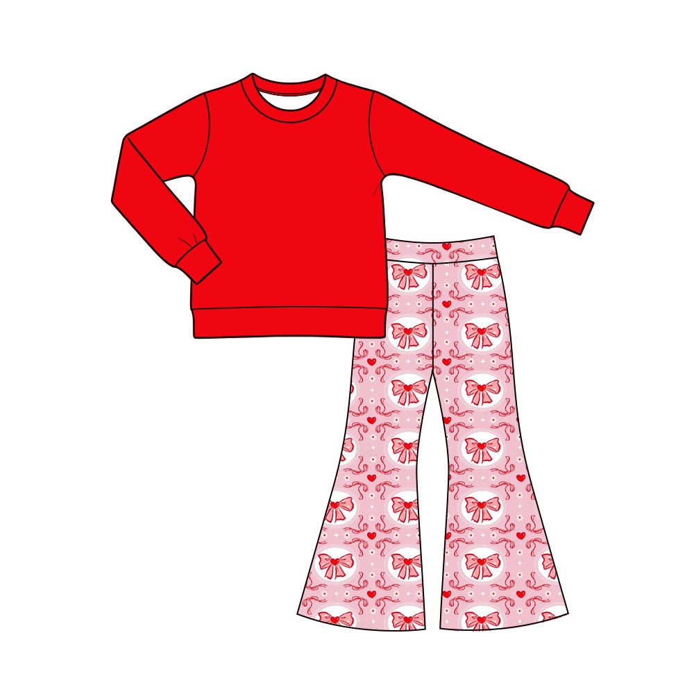 Preorder (moq 5) Baby Girl Clothes Vintage Bow Heart Print Long Sleeve Flare Pant Set