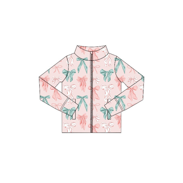 Preorder (moq 5)Baby Girls Peach Long Sleeves Colorful Bows Zipper Pockets Yoga Jackets Top