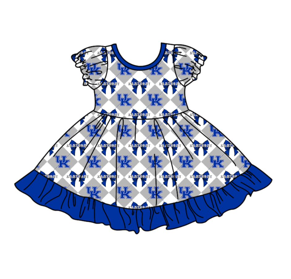 Preorder moq 5 Baby Girls Short Sleeve UK Bows Checked Team Ruffle Knee Length Dress