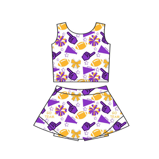 Preorder(moq 8)Baby Girls Gold Purple Bows Footballs Vest Top Shirt Shorts Team Clothes Sets
