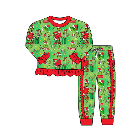 Preorder (moq 5)Baby Girls Green Frogs Gifts Ruffle Top Jogger Christmas Clothes Set