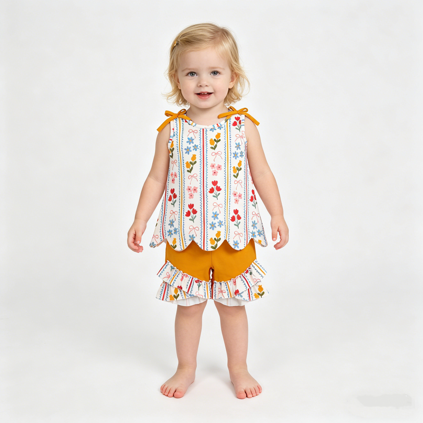 Baby Girls Bows Flowers Stripe Scallop Tunic Ruffle Shorts Clothes Set