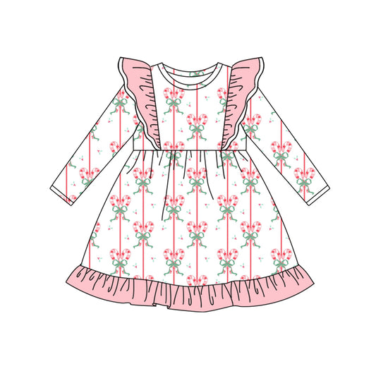 Preorder (moq 5)Baby Girls Long Sleeves Bows Candy Cane Stripes Knee Length Dresses