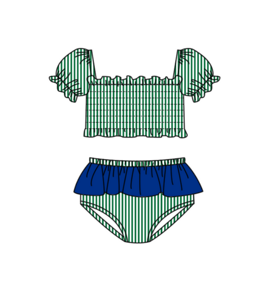 Preorder moq 5 Baby Girls Green Stripe Vest Top Bummies Short Team Swimsuits