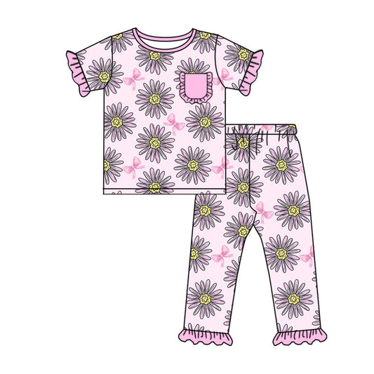Preorder (moq 5)Baby Girls Pink Sunflowers Mamas Mini Top Ruffle Pants Pajamas Sets
