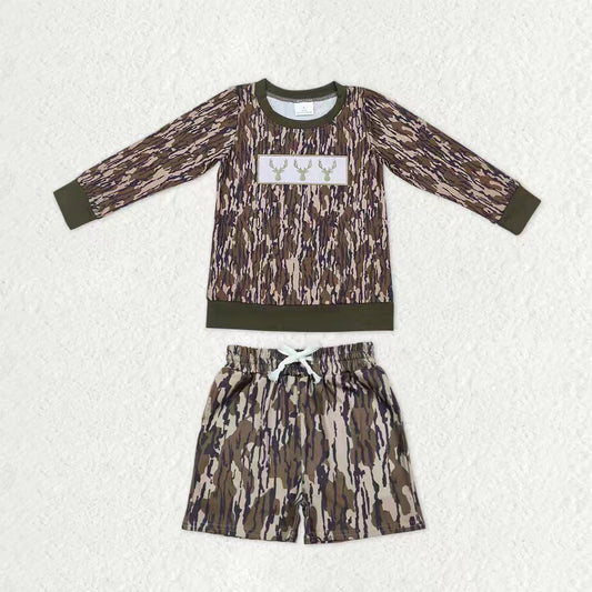 Baby Boys Olive Camo Embroidery Deer Shirts Top Pockets Shorts Hunting Clothes Sets