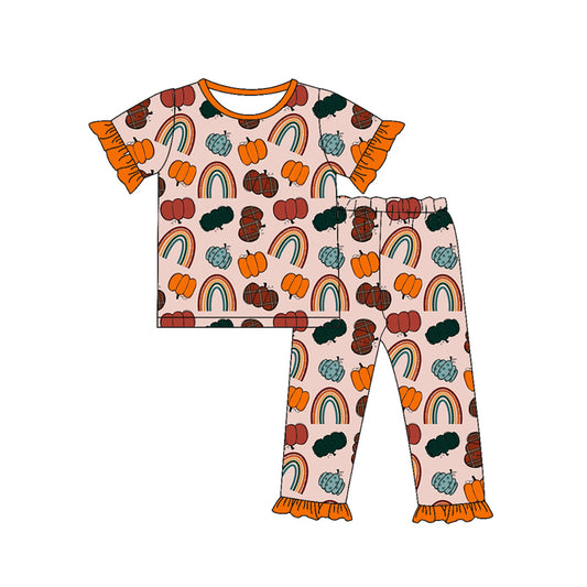 preorder(MOQ 5)Baby Girls Short Ruffle Sleeves Pumpkins Rainbows Top Pants Pajamas Set
