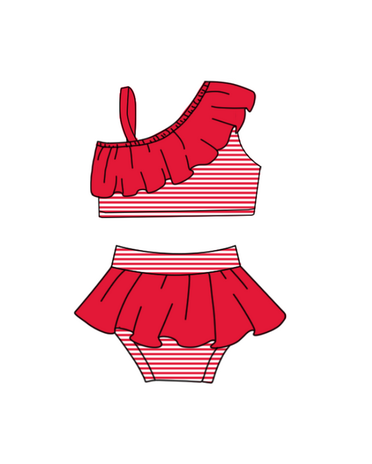 Preorder moq 5 Baby Girls Strap Red Stripe Vest Top Bummies Short Team Swimsuits