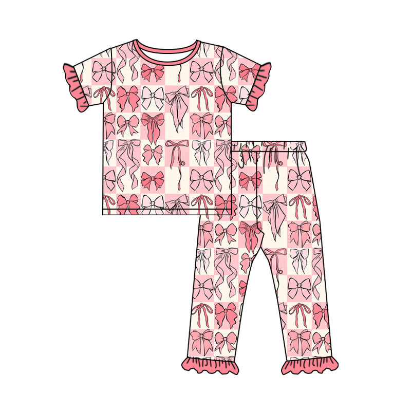 Preorder moq 5 Baby Girls Pink Short Ruffle Sleeves Bows Plaid Top Pant Pajamas Set